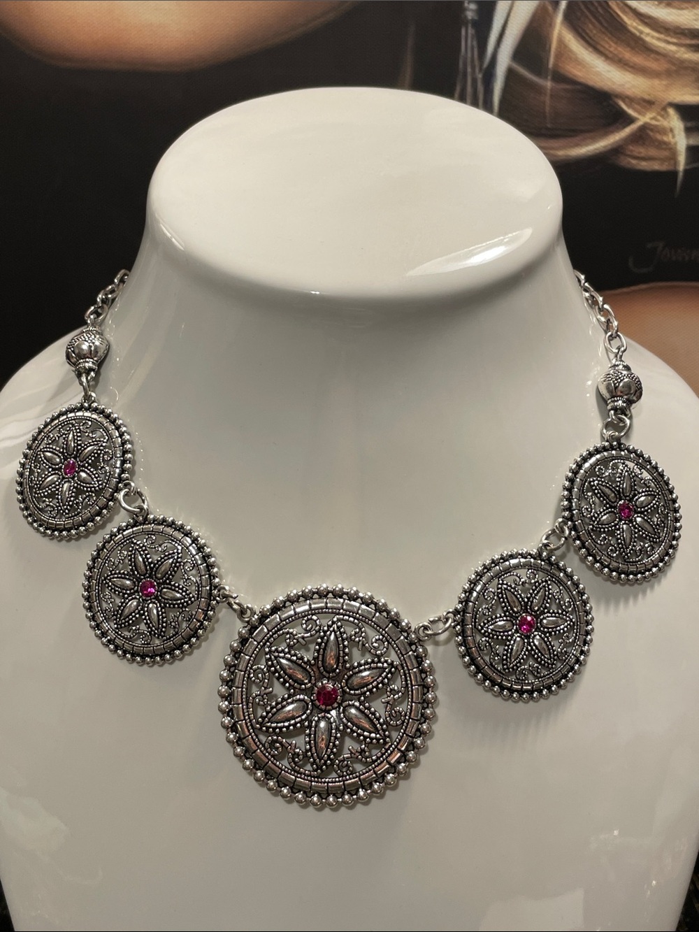 Silver-Tone Floral Medallion Necklace with Pink Accents
